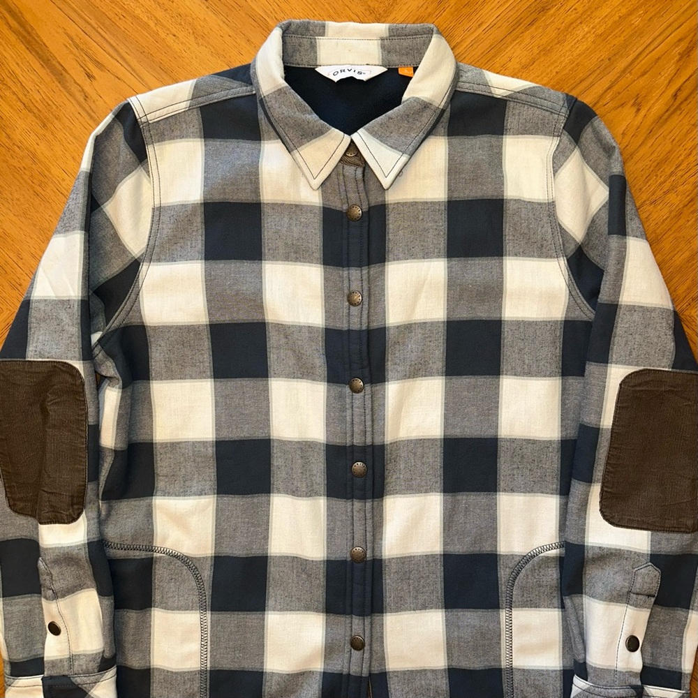 Orvis Shacket Mens Size Large Gray Blue Plaid Flannel Button Up Elbow Patches